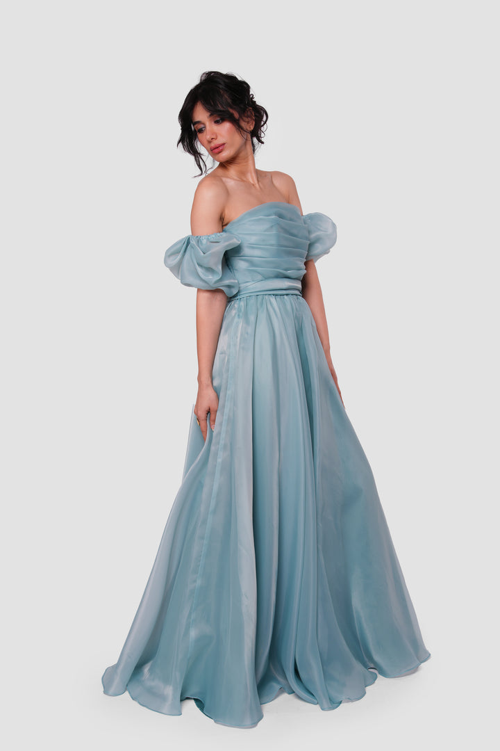 Celestia Powder Blue Off-shoulder Maxi Dress With Puffy Short Sleeves