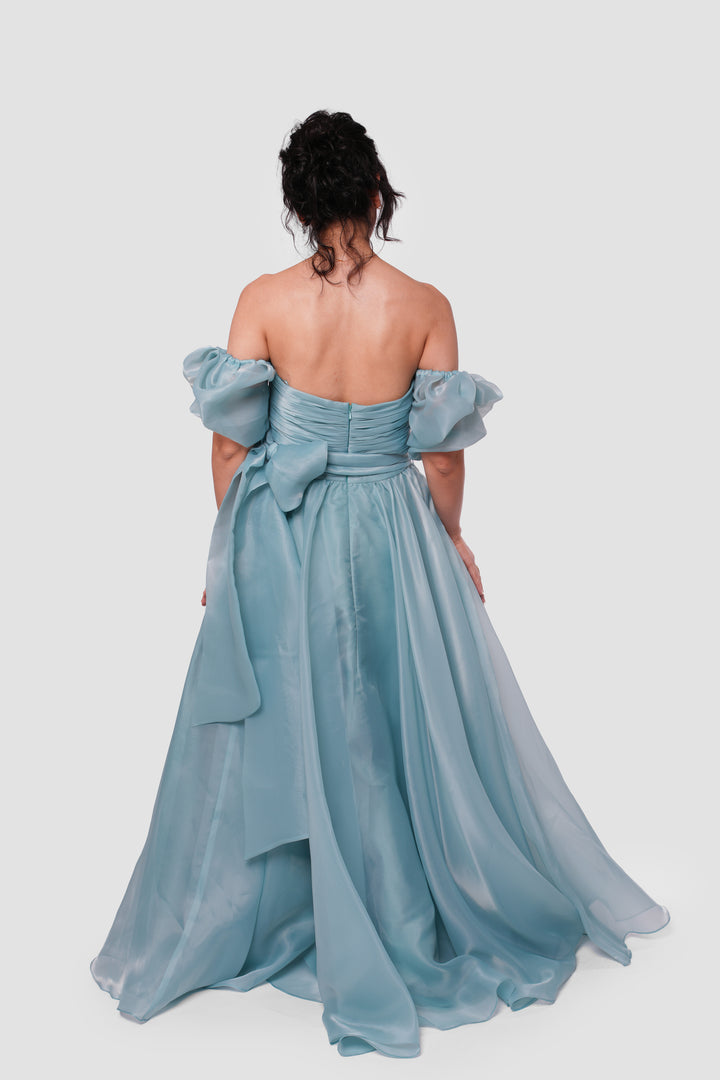 Celestia Powder Blue Off-shoulder Maxi Dress With Puffy Short Sleeves