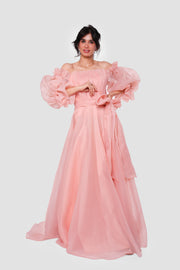 Celeste Peach blush organza off-shoulder maxi dress with billowy sleeves