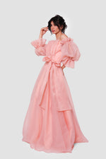 Load image into Gallery viewer, Celeste Peach blush organza off-shoulder maxi dress with billowy sleeves