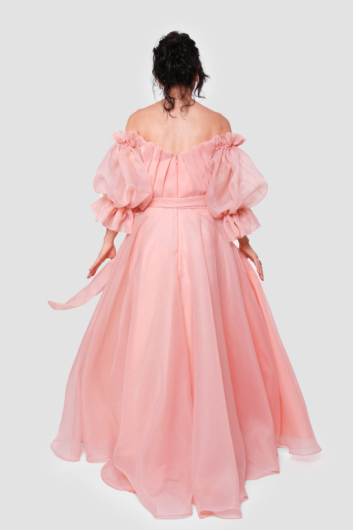 Celeste Peach blush organza off-shoulder maxi dress with billowy sleeves