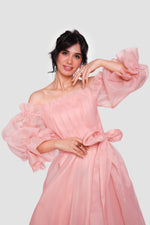 Load image into Gallery viewer, Celeste Peach blush organza off-shoulder maxi dress with billowy sleeves