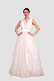 Madelena Ivory White Tulle With Gold Accents Sleeveless Maxi Dress