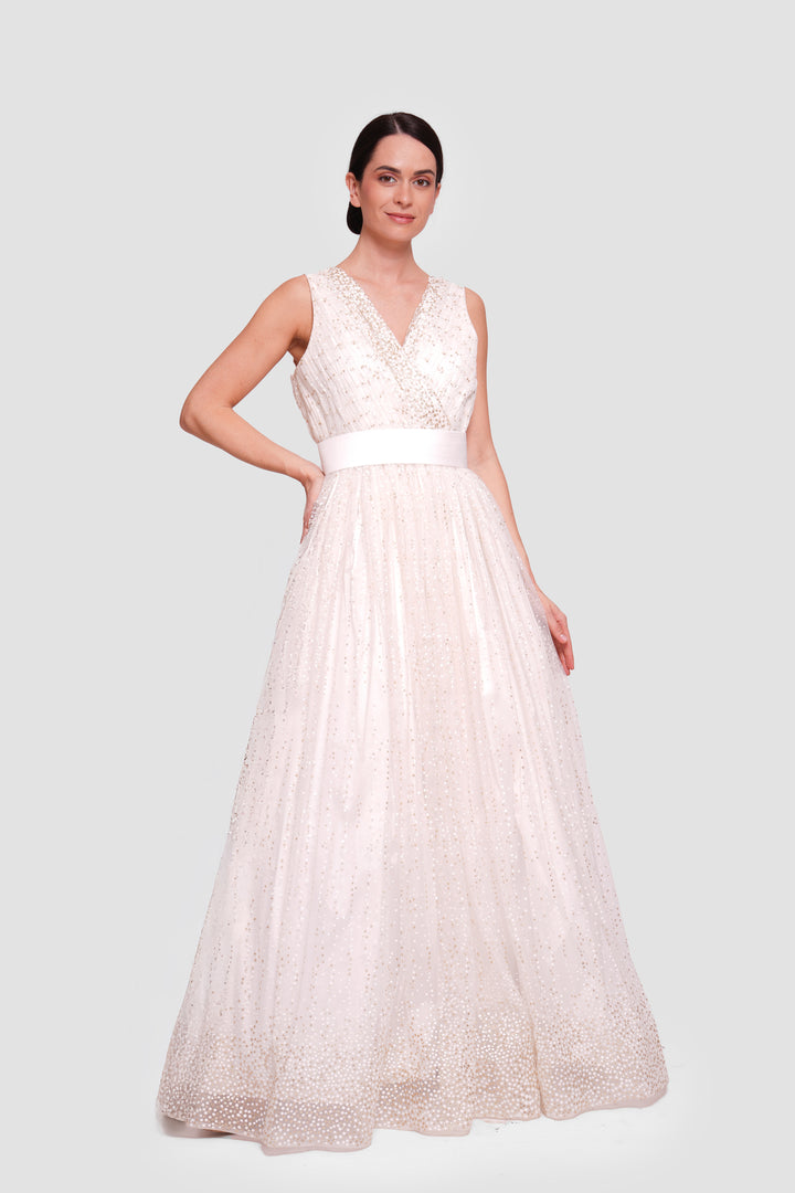 Madelena Ivory White Tulle With Gold Accents Sleeveless Maxi Dress