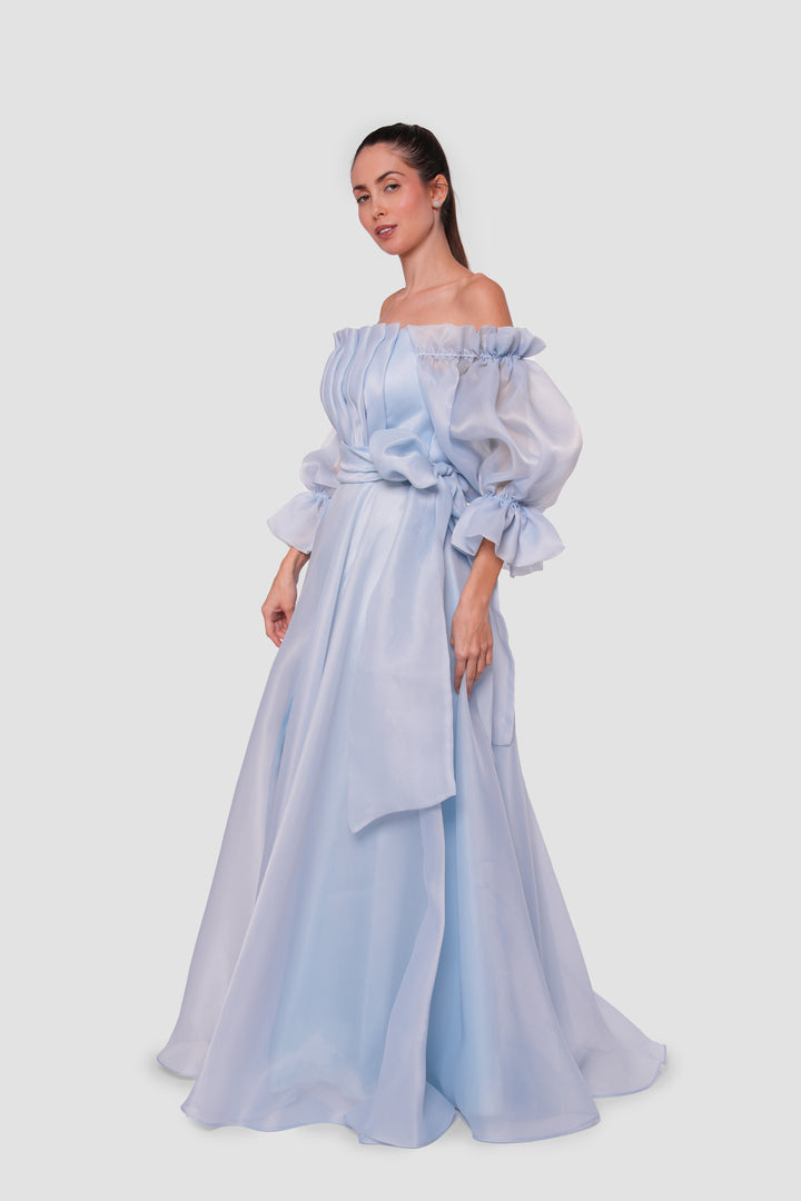 Celeste Peach blush organza off-shoulder maxi dress with billowy sleeves