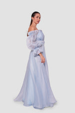 Load image into Gallery viewer, Celeste Peach blush organza off-shoulder maxi dress with billowy sleeves