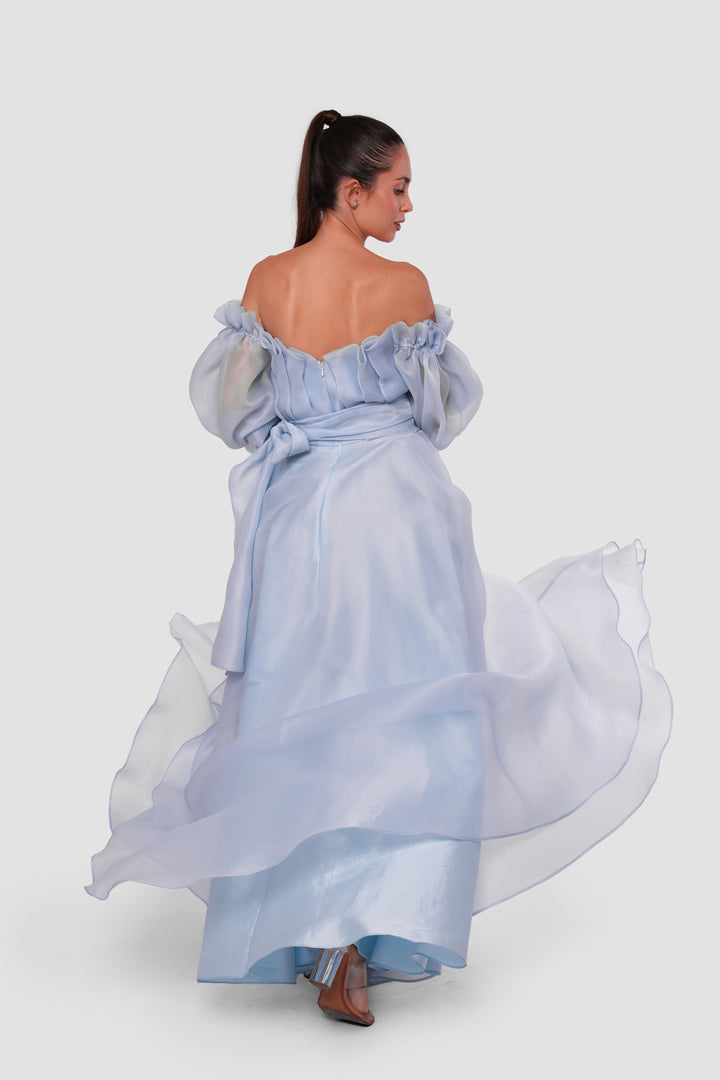 Celeste Peach blush organza off-shoulder maxi dress with billowy sleeves