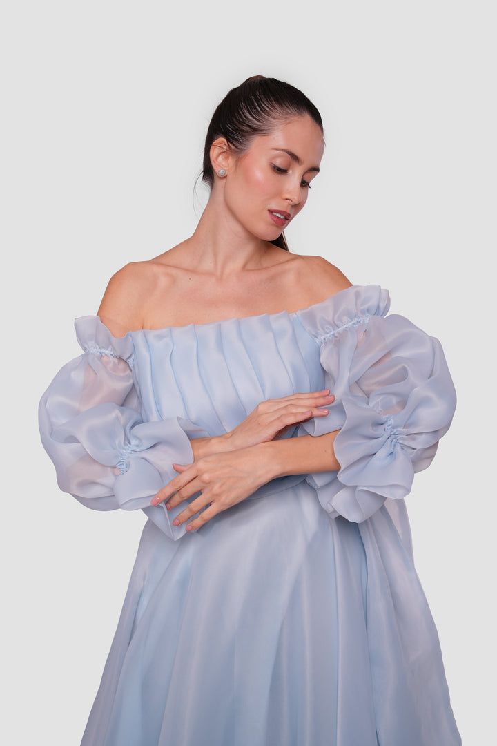 Celeste Peach blush organza off-shoulder maxi dress with billowy sleeves