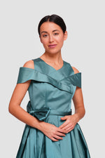Load image into Gallery viewer, Nadine Teal Taffeta Off-shoulder Corset Sleeveless Maxi Dress