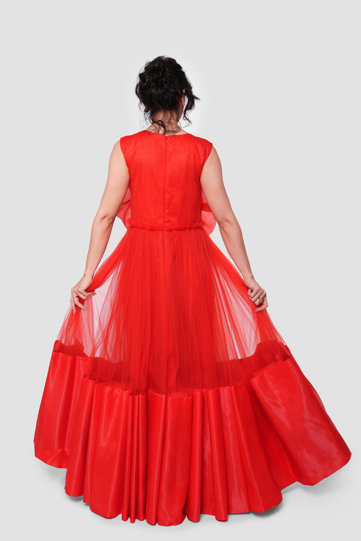 Florenca Red Tulle With Floral Appliqué Maxi Dress