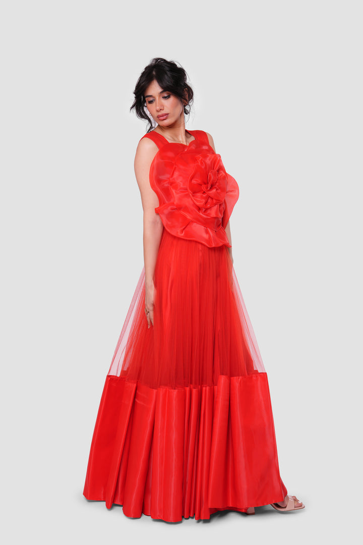 Florenca Red Tulle With Floral Appliqué Maxi Dress