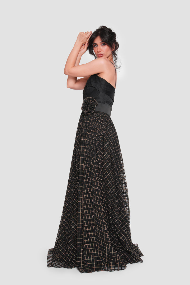 Alessia Black Tulle With Gold Metallic Glitter Maxi Dress
