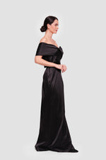 Load image into Gallery viewer, Tanya Black Satin Pleated Maxi Dress