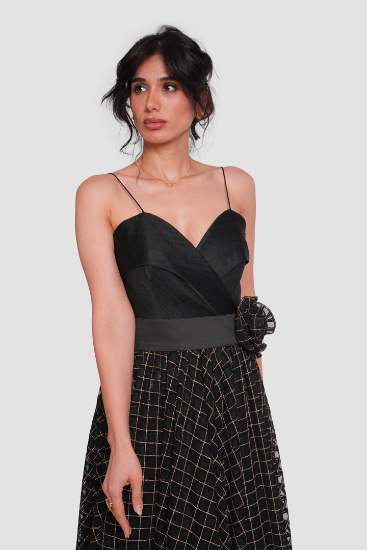 Alessia Black Tulle With Gold Metallic Glitter Maxi Dress