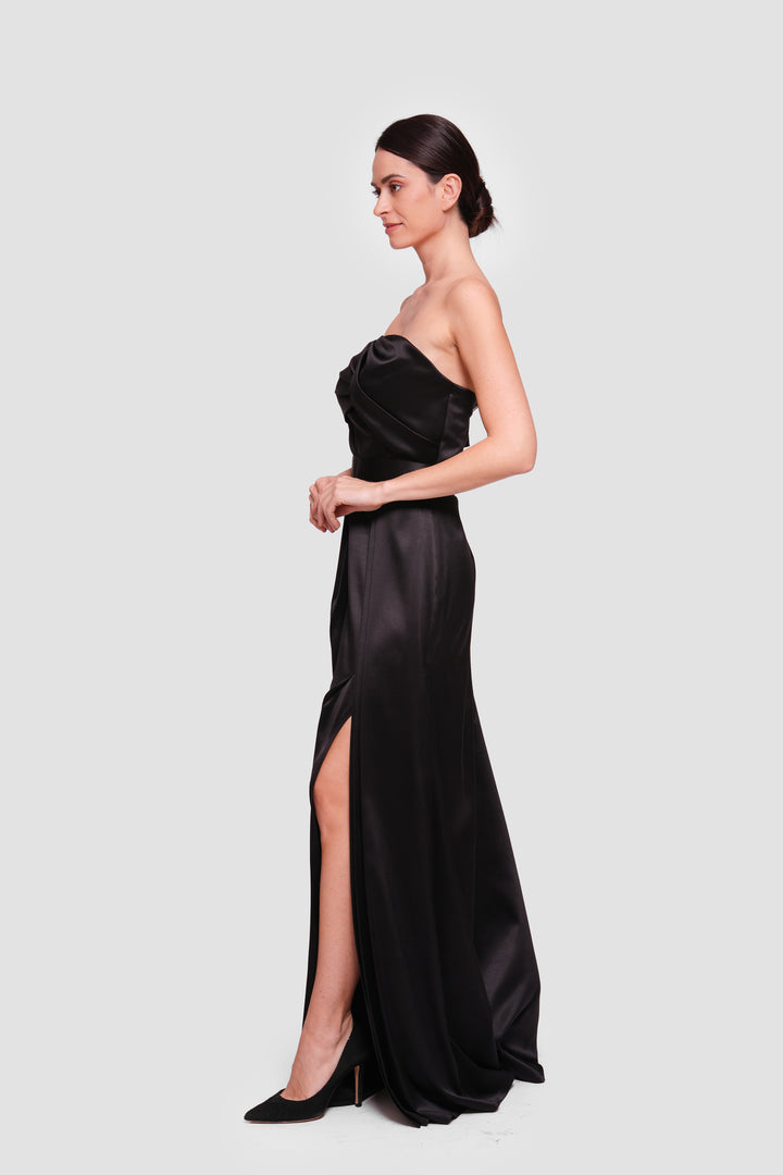 Tanya Black Satin Pleated Maxi Dress
