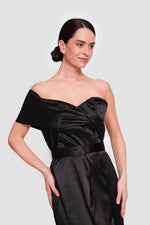 Load image into Gallery viewer, Tanya Black Satin Pleated Maxi Dress
