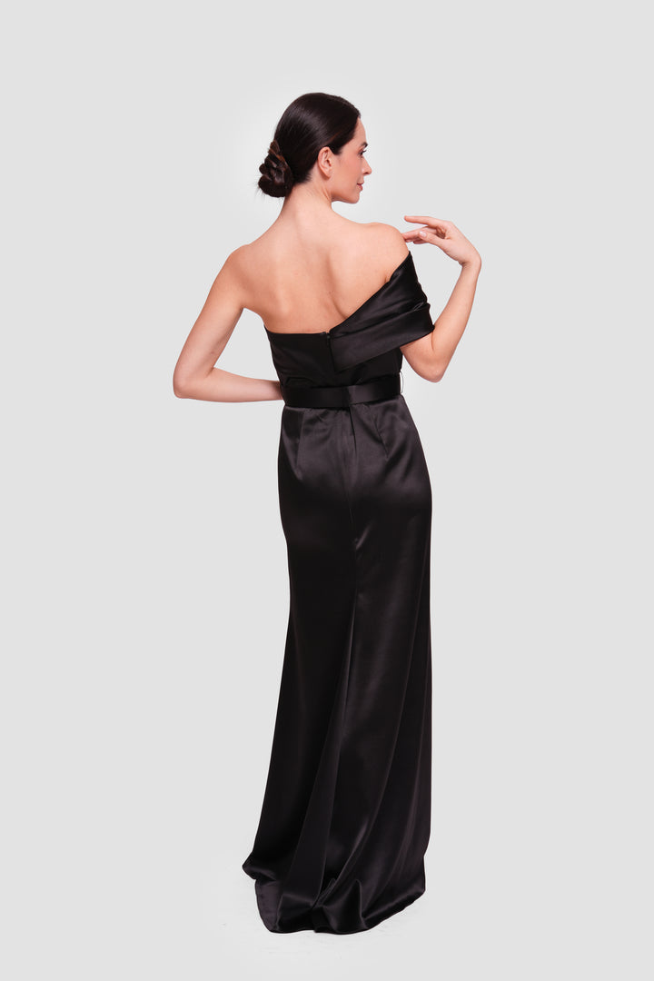 Tanya Black Satin Pleated Maxi Dress