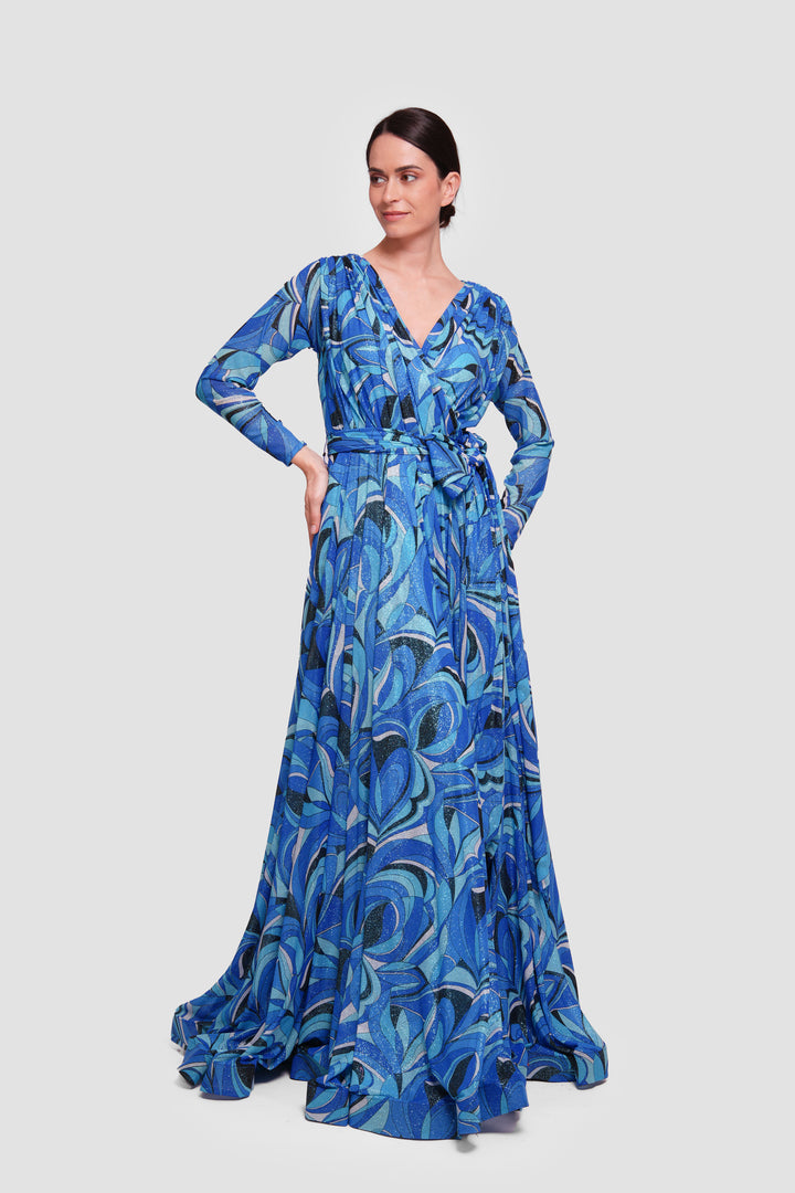 Elena Shimmery Jersey Pleated Maxi Dress With Sleeves