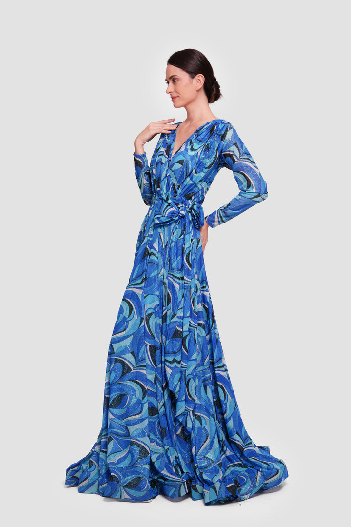 Elena Shimmery Jersey Pleated Maxi Dress With Sleeves