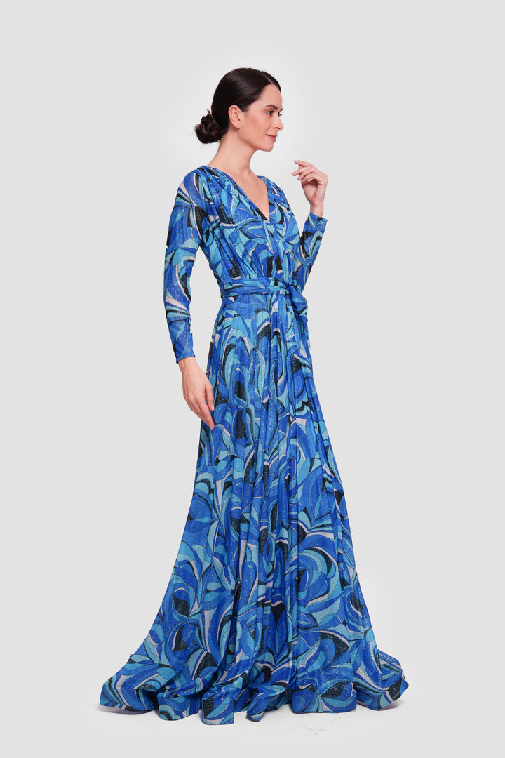 Elena Shimmery Jersey Pleated Maxi Dress With Sleeves