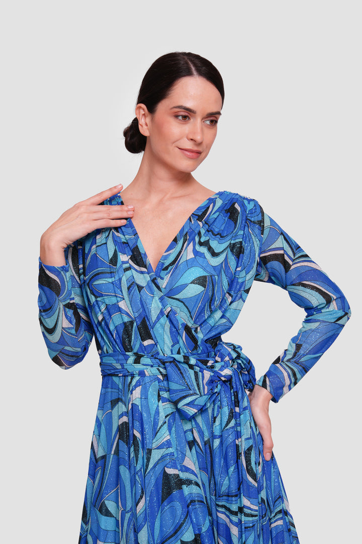 Elena Shimmery Jersey Pleated Maxi Dress With Sleeves