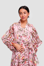 Load image into Gallery viewer, Marian Pink With Multicolored Floral Organza Wrap-style Maxi Dress With Long Sleeves