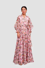 Marian Pink With Multicolored Floral Organza Wrap-style Maxi Dress With Long Sleeves