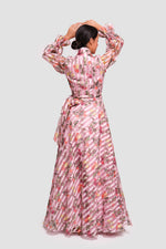 Load image into Gallery viewer, Marian Pink With Multicolored Floral Organza Wrap-style Maxi Dress With Long Sleeves