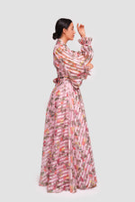 Load image into Gallery viewer, Marian Pink With Multicolored Floral Organza Wrap-style Maxi Dress With Long Sleeves