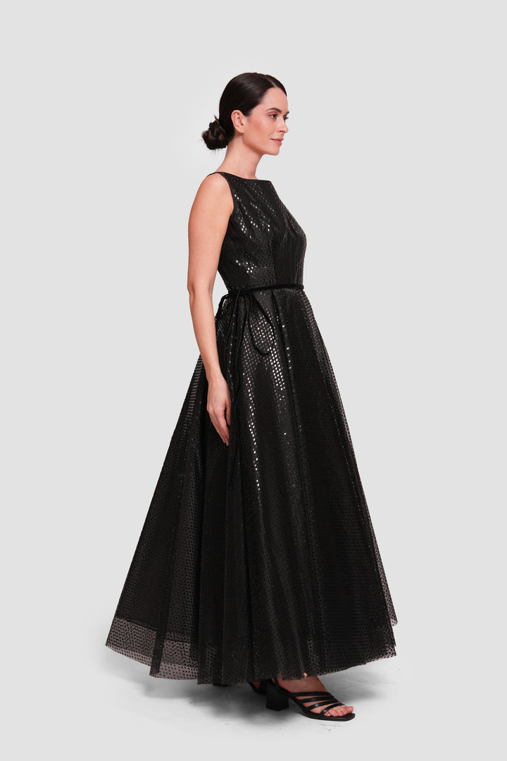 Manal Black Organza Laser Pattern Sleeveless Open Back Maxi Dress