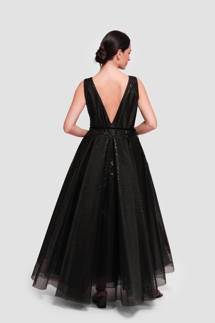 Manal Black Organza Laser Pattern Sleeveless Open Back Maxi Dress