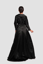 Load image into Gallery viewer, Sereen Black Taffeta High Low Collared Gown With Sleeves