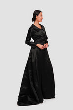 Load image into Gallery viewer, Sereen Black Taffeta High Low Collared Gown With Sleeves