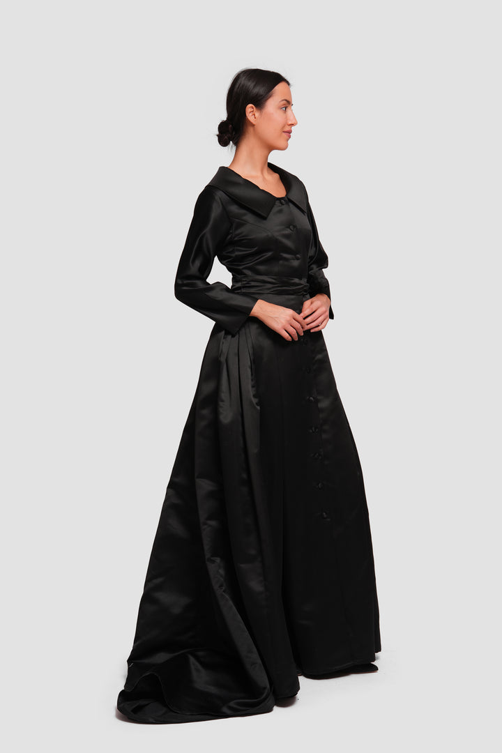 Sereen Black Taffeta High Low Collared Gown With Sleeves