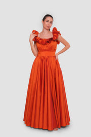 Alicia Amber Amber Orange Taffeta Off-shoulder Maxi Dress With Pleats