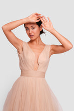 Load image into Gallery viewer, Dana Golden Beige Tulle Deep V-neckline Open Back Sleeveless Maxi Dress With Soft Ruffles