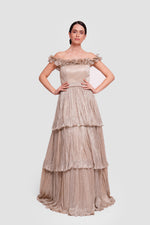 Load image into Gallery viewer, Amaan Gold Metallic Fabric Off-shoulder Corset Maxi Dress With Ruffles