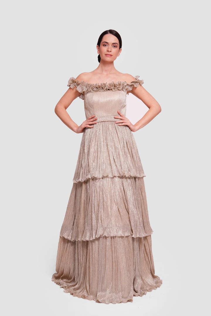 Amaan Gold Metallic Fabric Off-shoulder Corset Maxi Dress With Ruffles