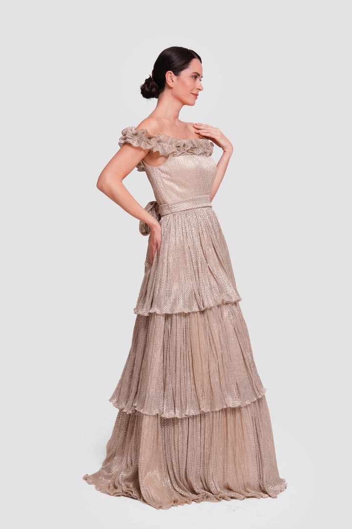 Amaan Gold Metallic Fabric Off-shoulder Corset Maxi Dress With Ruffles