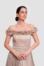 Load image into Gallery viewer, Amaan Gold Metallic Fabric Off-shoulder Corset Maxi Dress With Ruffles