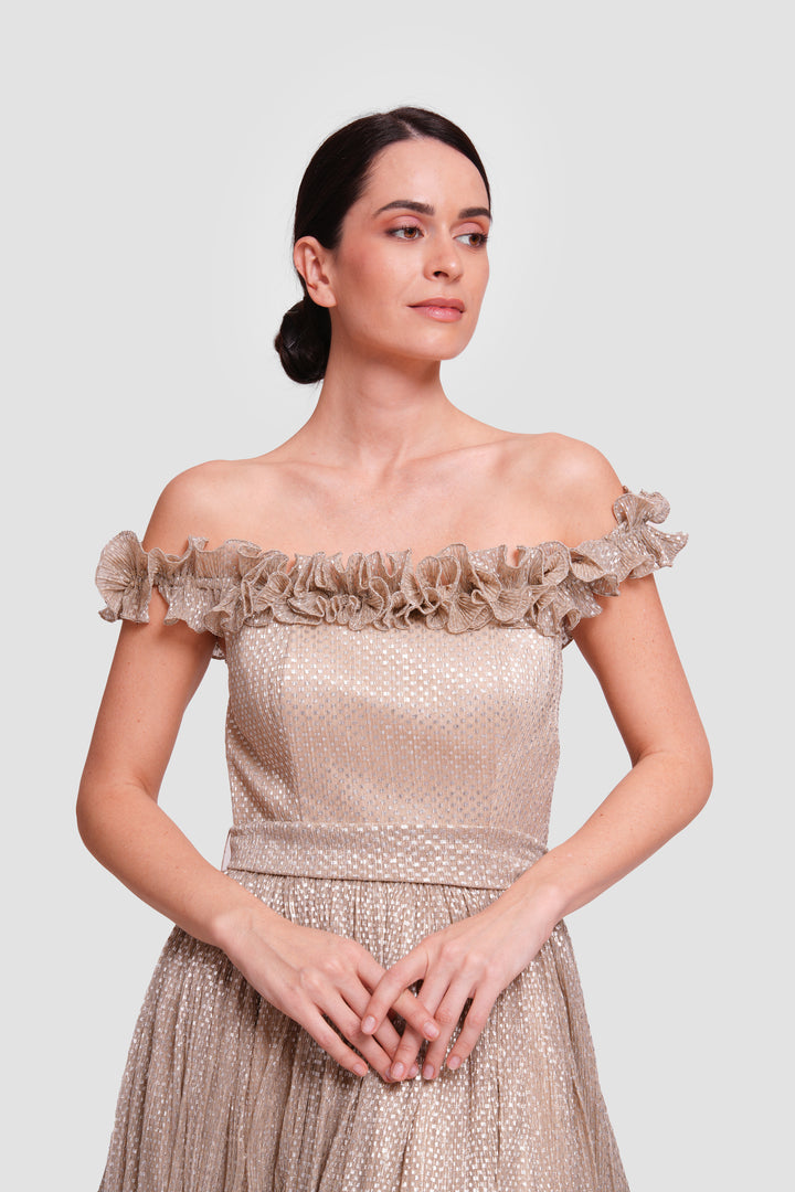 Amaan Gold Metallic Fabric Off-shoulder Corset Maxi Dress With Ruffles