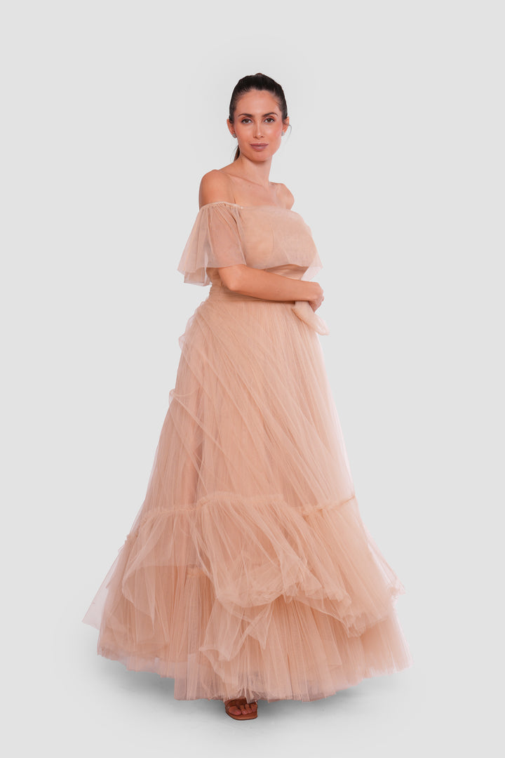 Amber Haze Golden Beige Tulle Corset Maxi Dress