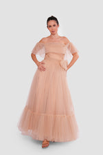 Load image into Gallery viewer, Amber Haze Golden Beige Tulle Corset Maxi Dress
