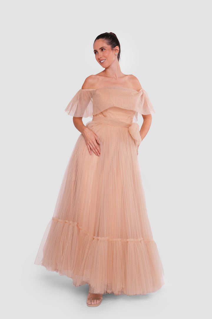 Amber Haze Golden Beige Tulle Corset Maxi Dress