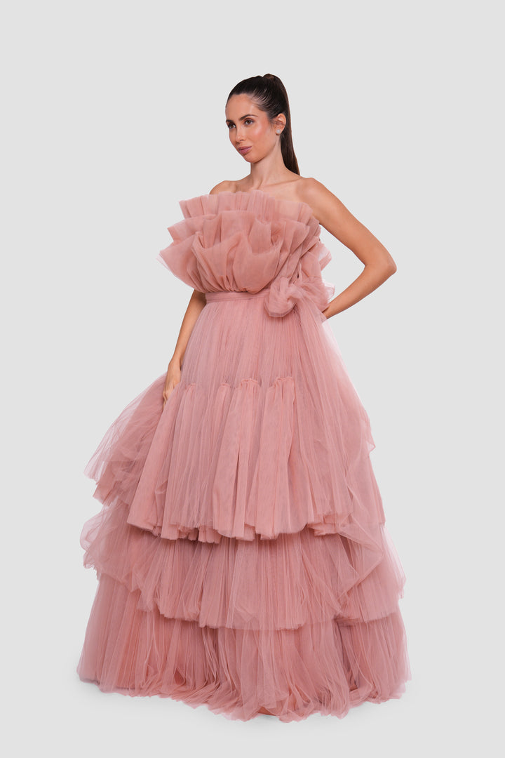 Anaya Peachy Nude Strapless Tulle Corset Maxi Dress