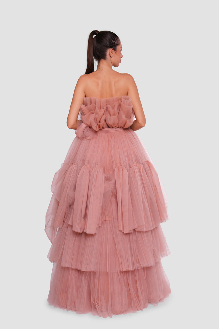 Anaya Peachy Nude Strapless Tulle Corset Maxi Dress