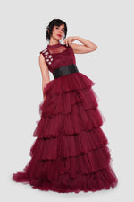Load image into Gallery viewer, Amara Deep Wine Red Layered Tulle Sleeveless Maxi Dress