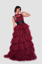 Amara Deep Wine Red Layered Tulle Sleeveless Maxi Dress