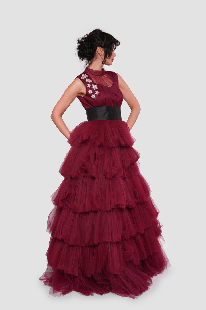 Amara Deep Wine Red Layered Tulle Sleeveless Maxi Dress