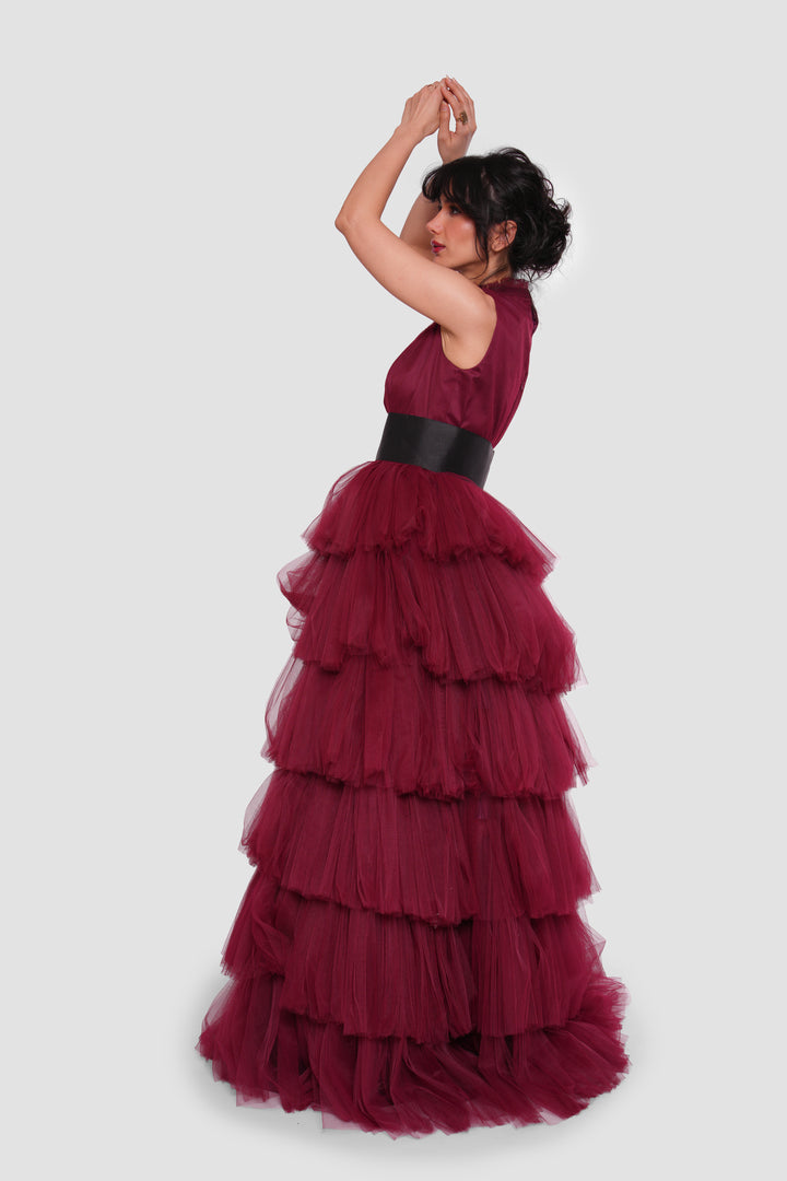 Amara Deep Wine Red Layered Tulle Sleeveless Maxi Dress